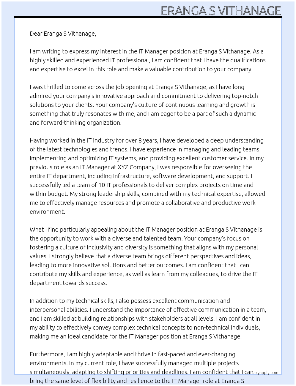 IT Manager At Eranga S Vithanage Cover Letter