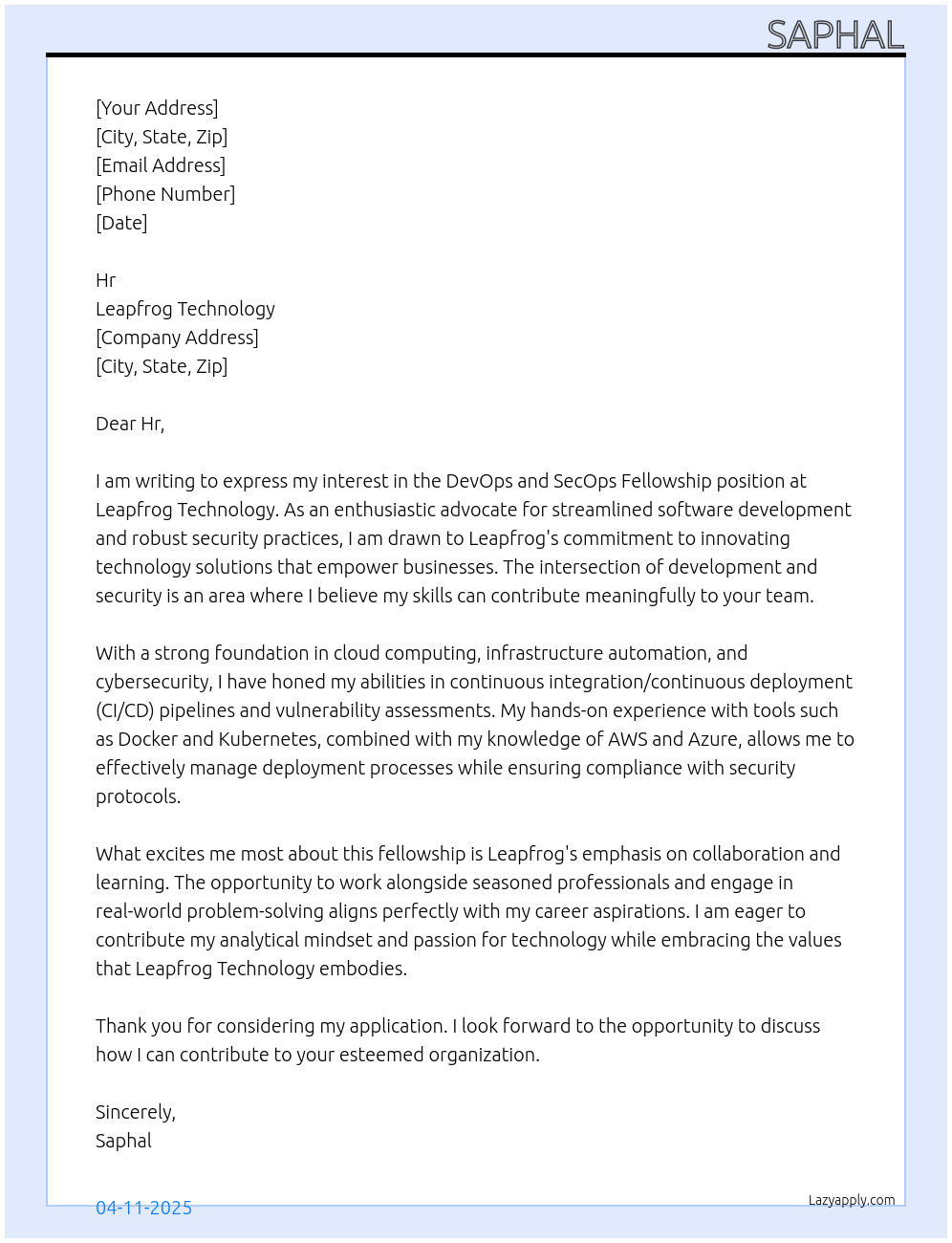 DevOps and SecOps Fellowship At Leapfrog Technology Cover Letter