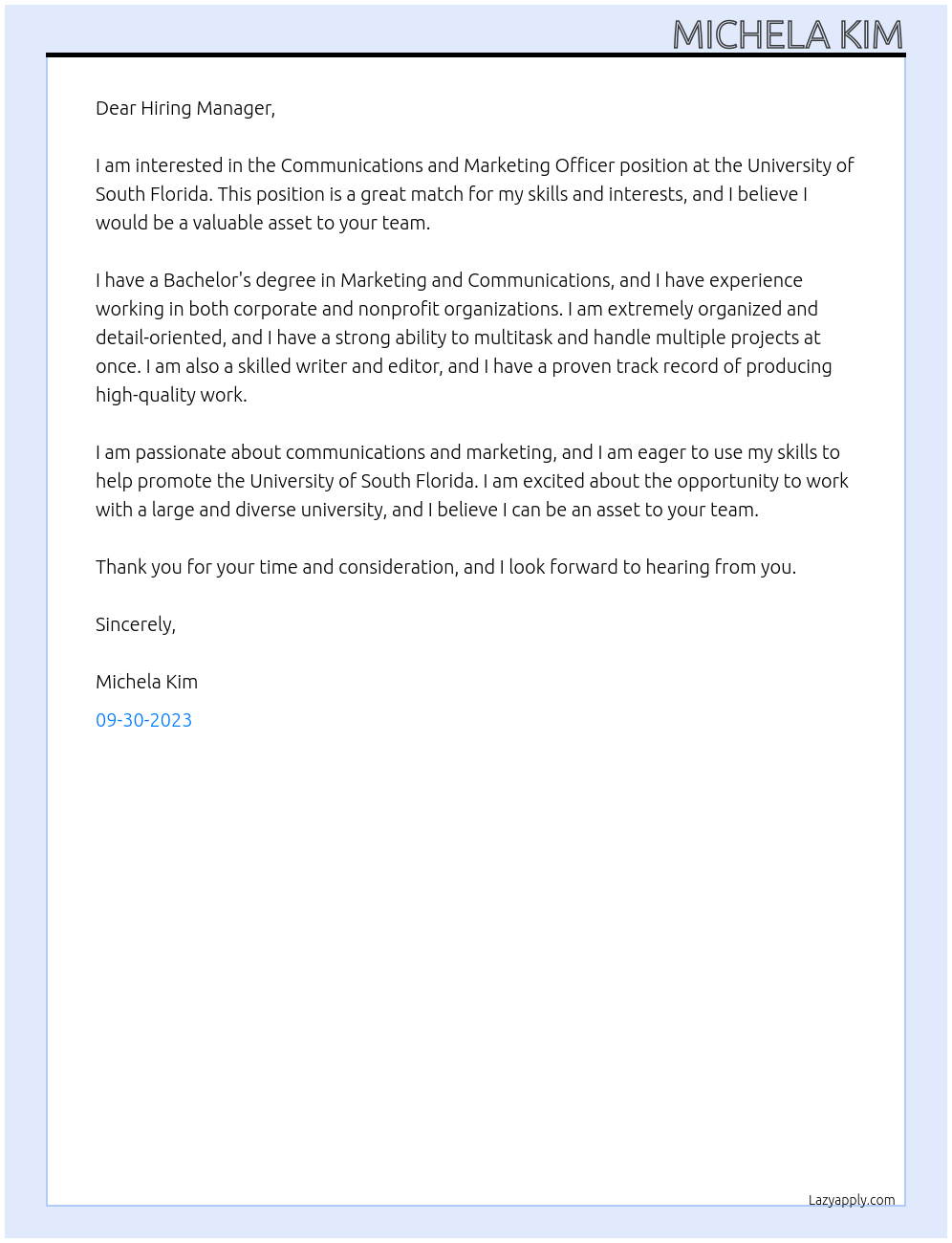 Communications and Marketing Officer At University of South Florida Cover Letter