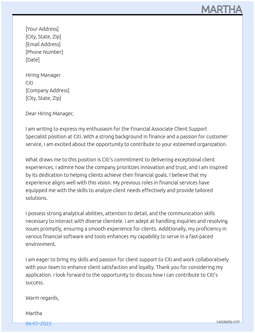 Financial Associate Client Support Specialist At Citi Cover Letter