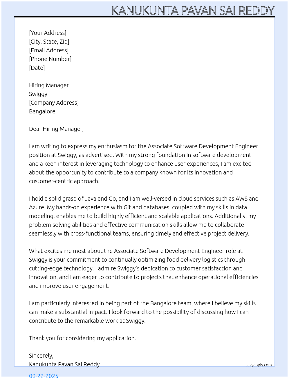 ASSOCIATE SOFTWARE DEVELOPMENT ENGINEER At SWIGGY Cover Letter