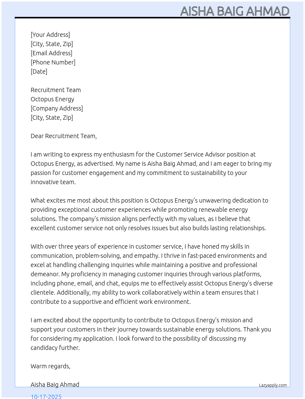 Customer Service Advisor At Octopus Energy Cover Letter