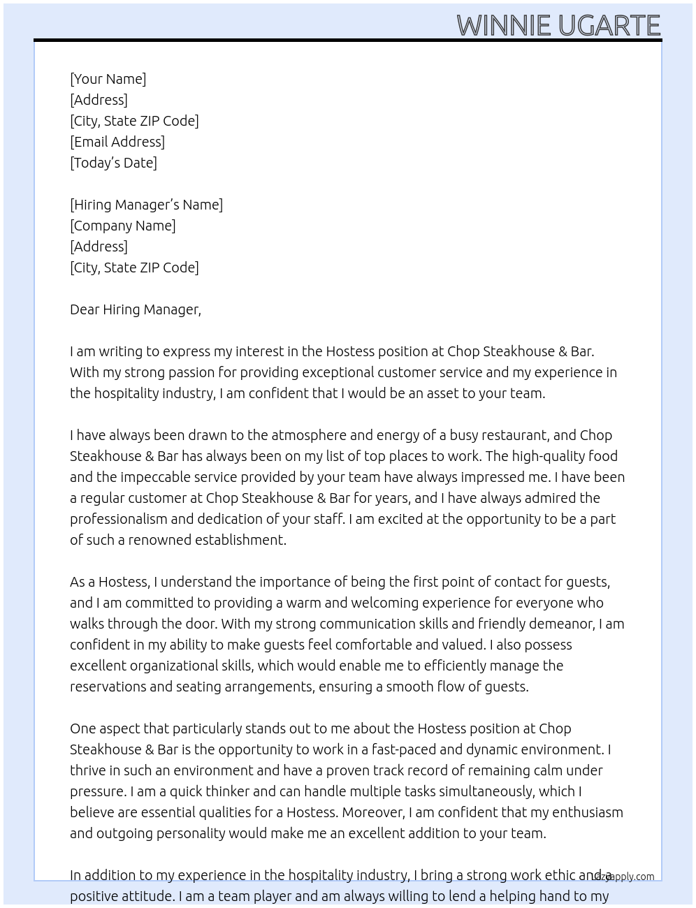 Hostess At Chop Steakhouse & Bar Cover Letter