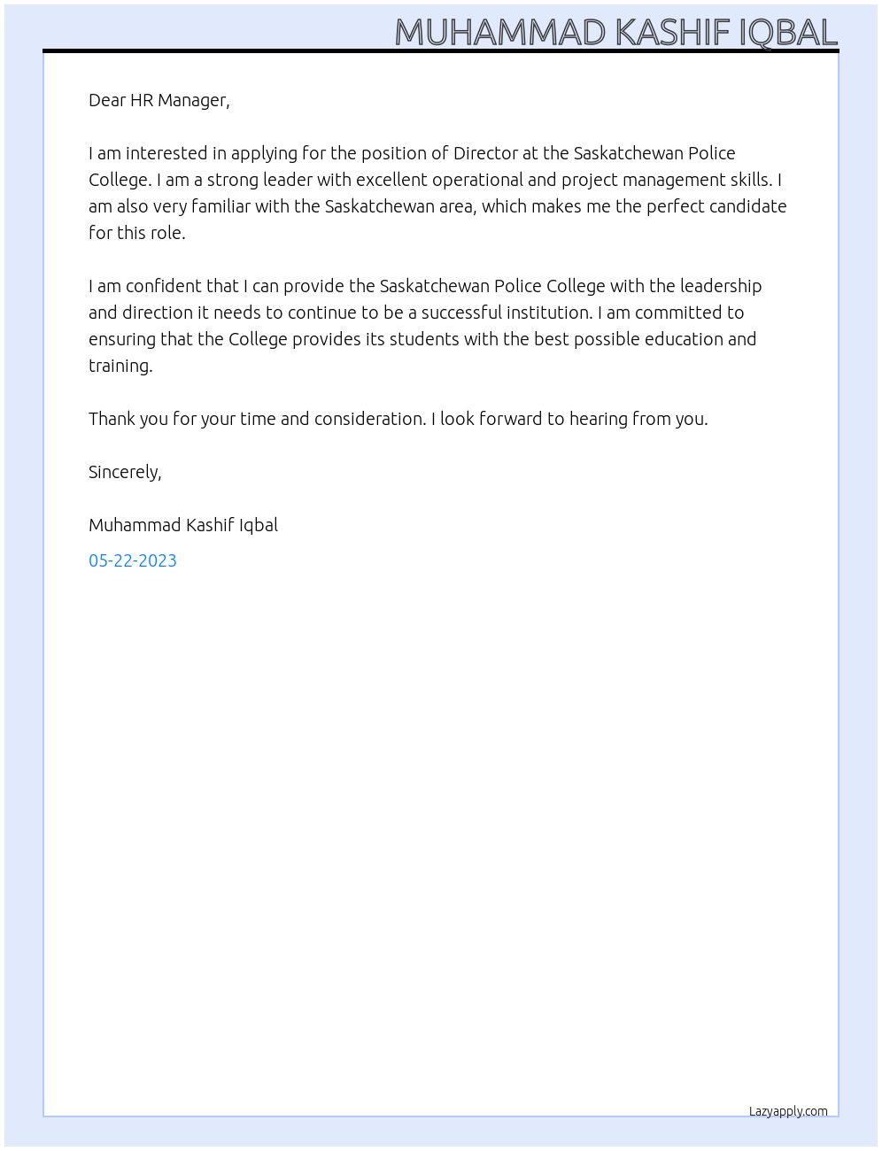 director At Saskatchewan Police College Cover Letter