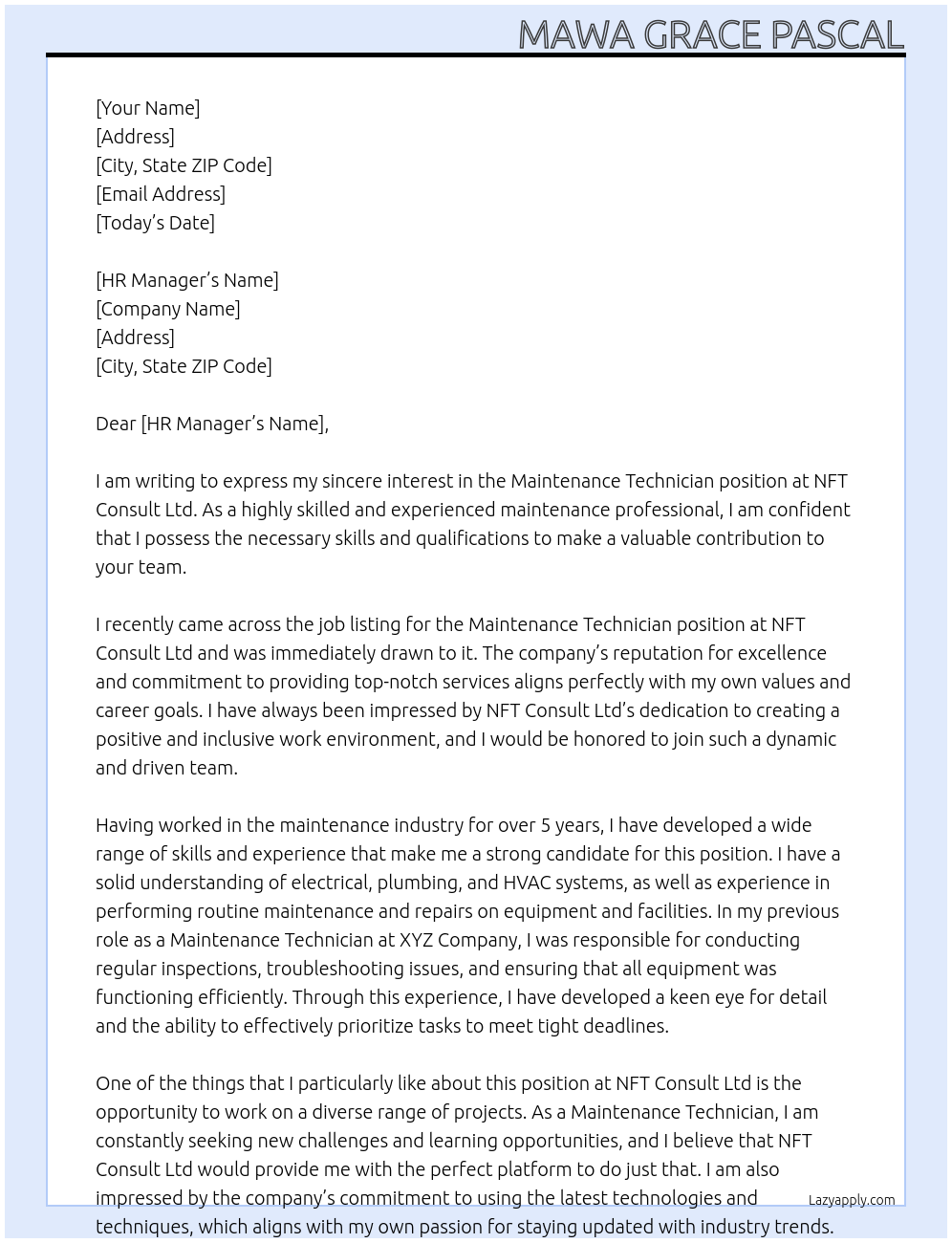 Maintenance Technician At NFT Consult Ltd Cover Letter