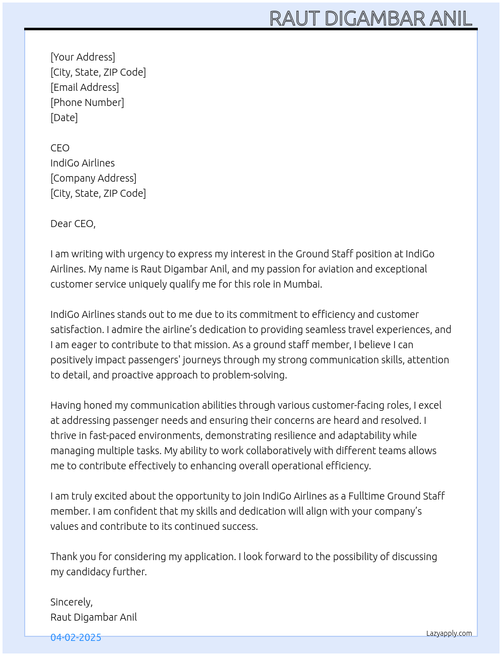 Ground staff At IndiGo Airlines Cover Letter