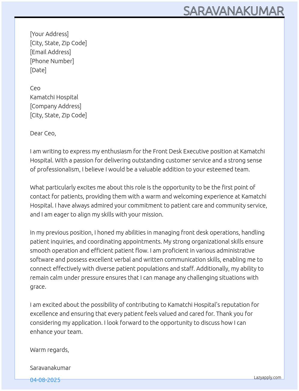 front desk executive At Kamatchi hospital Cover Letter