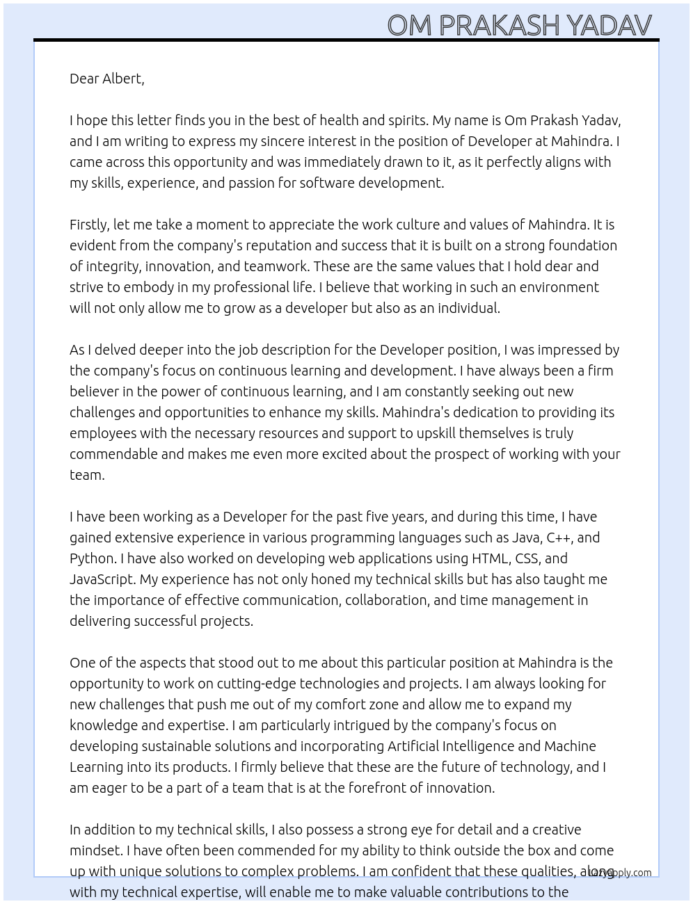 Developer At Mahindra Cover Letter