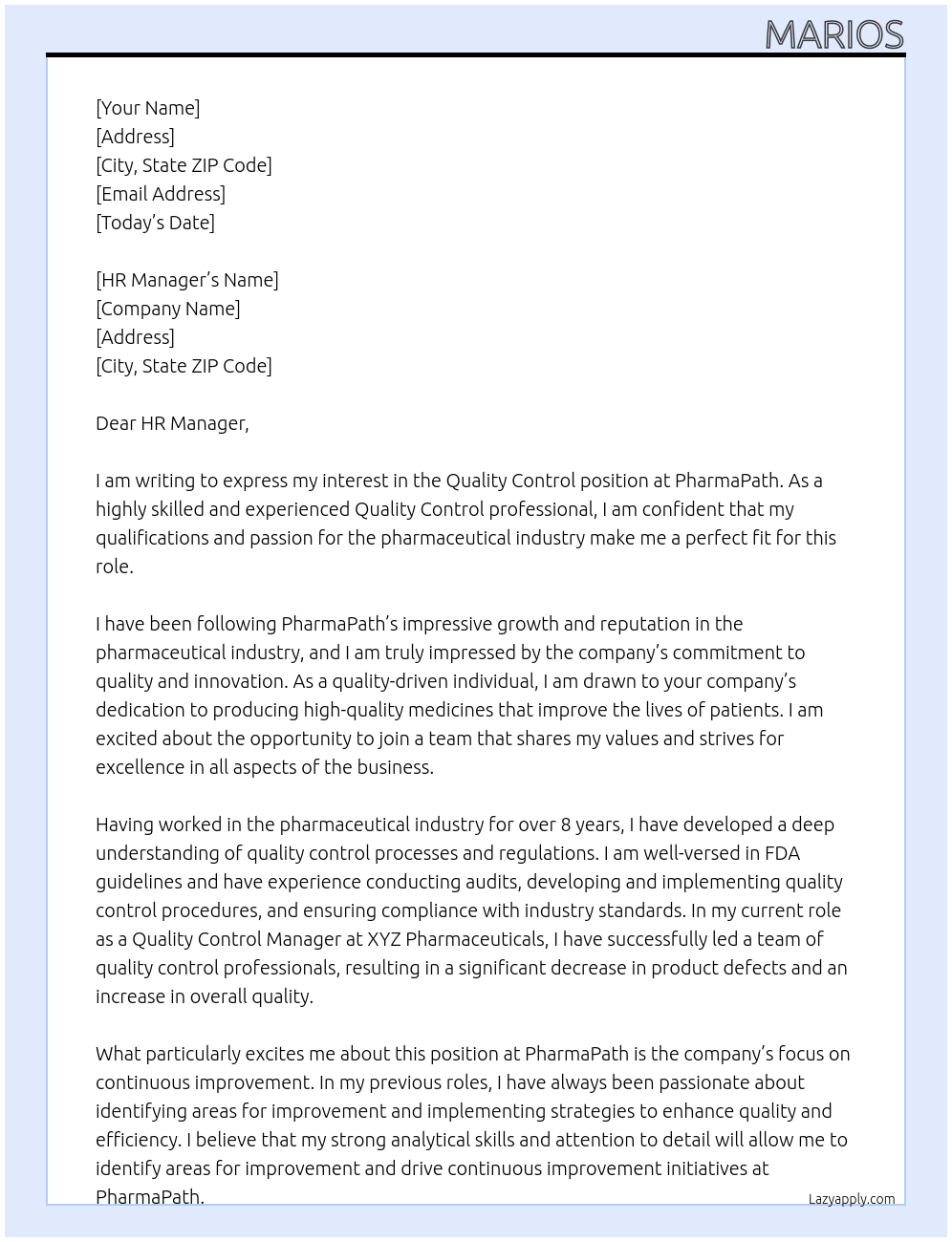 Quality Control At PharmaPath Cover Letter