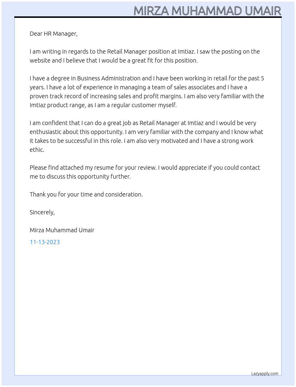 Retail Manager At Imtiaz Cover Letter