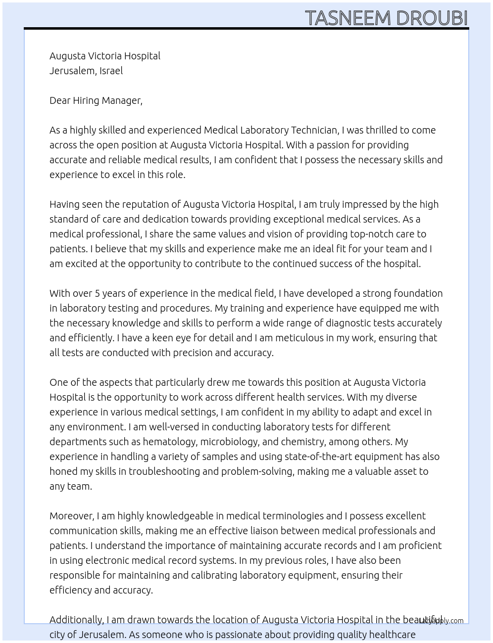 Medical laboratory technician  At Augusta Victoria Hospital Cover Letter