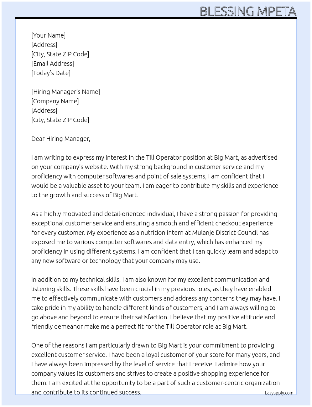 Till Operator At Big Mart Cover Letter