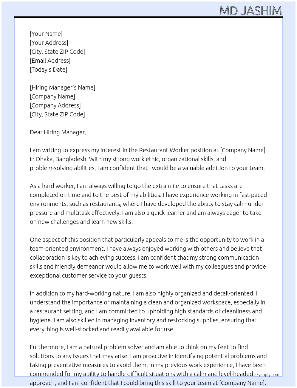 Restaurant worker At Restaurant worker Cover Letter