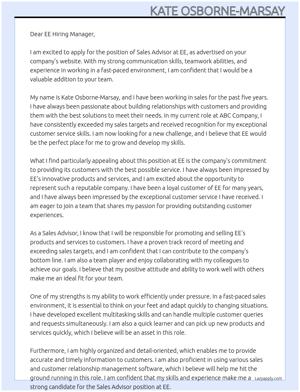 sales advisor At EE Cover Letter