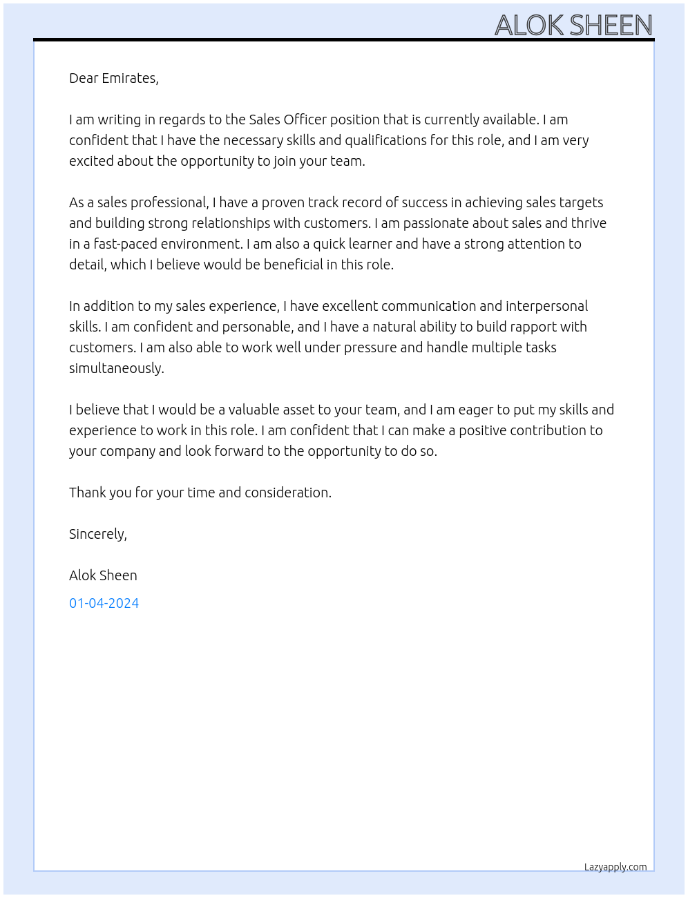 sales officer At emirates Cover Letter