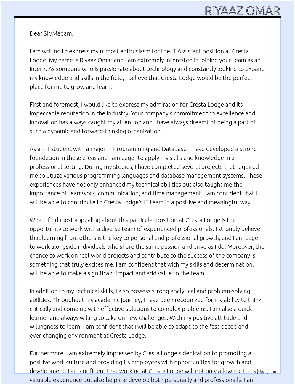 IT assistant At Cresta Lodge Cover Letter