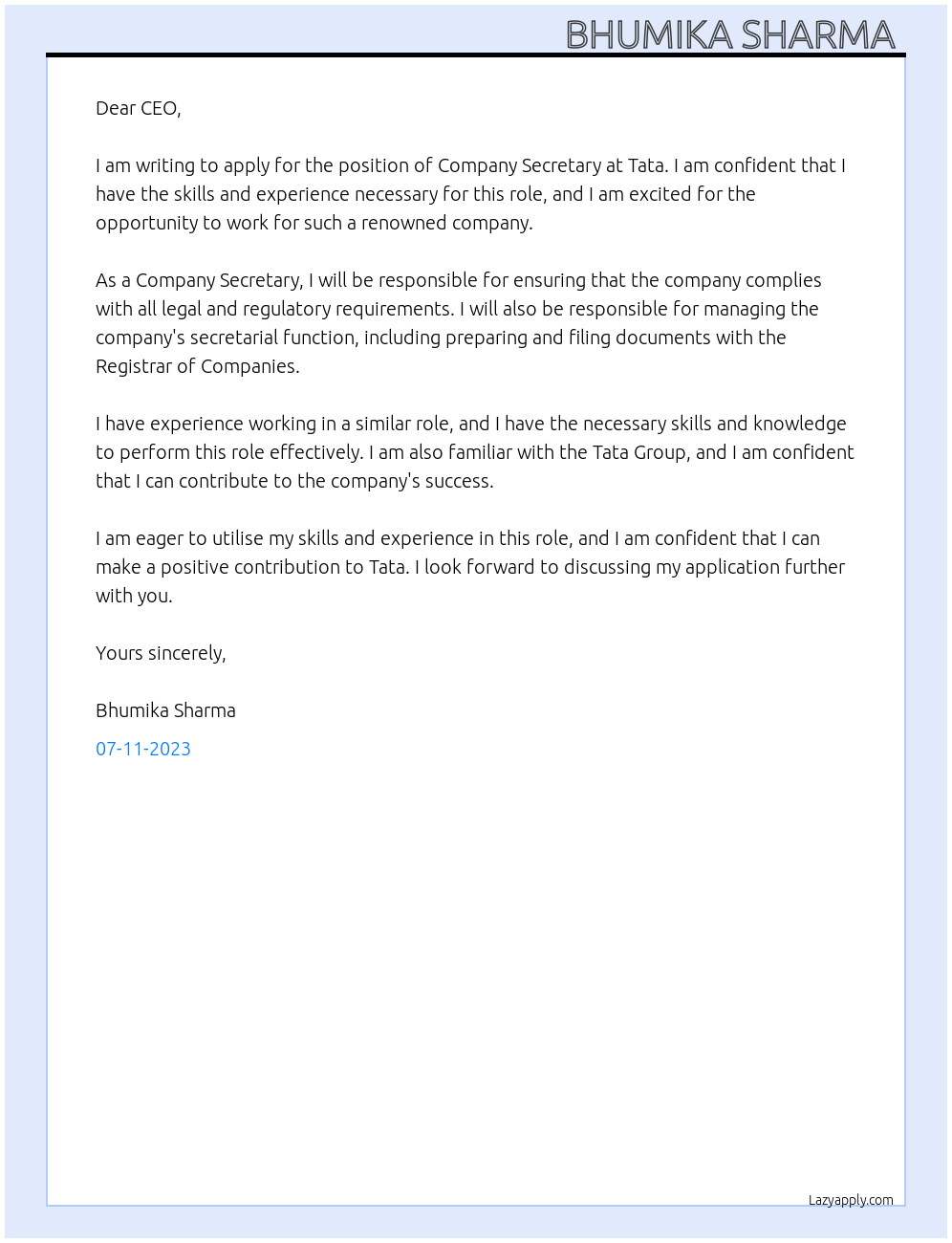 Company Secretary At Tata Cover Letter