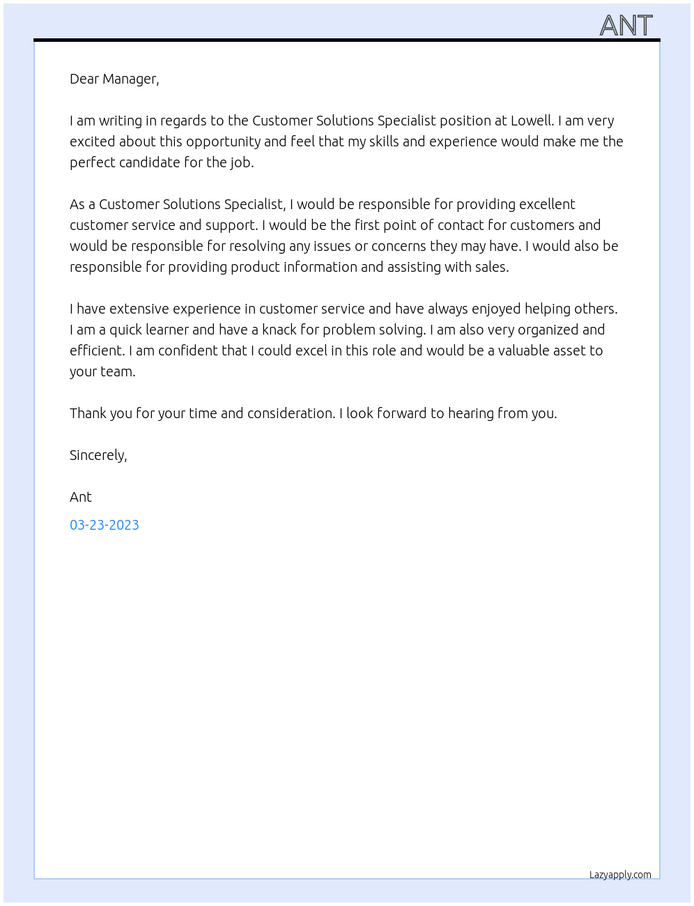 Customer solutions specialist At Lowell Cover Letter
