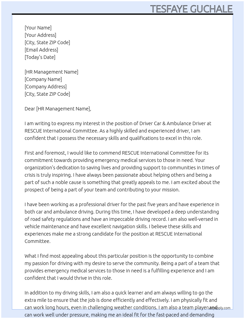 Driver Car & Ambulance Driver At RESCUE International Committee Cover Letter