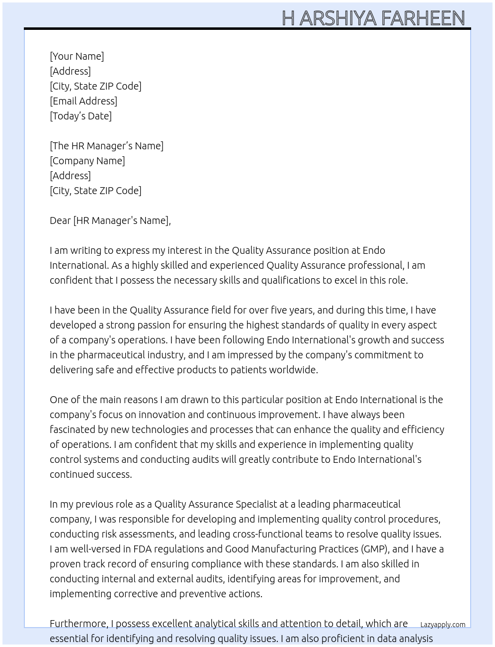 Quality assurance  At Endo international  Cover Letter