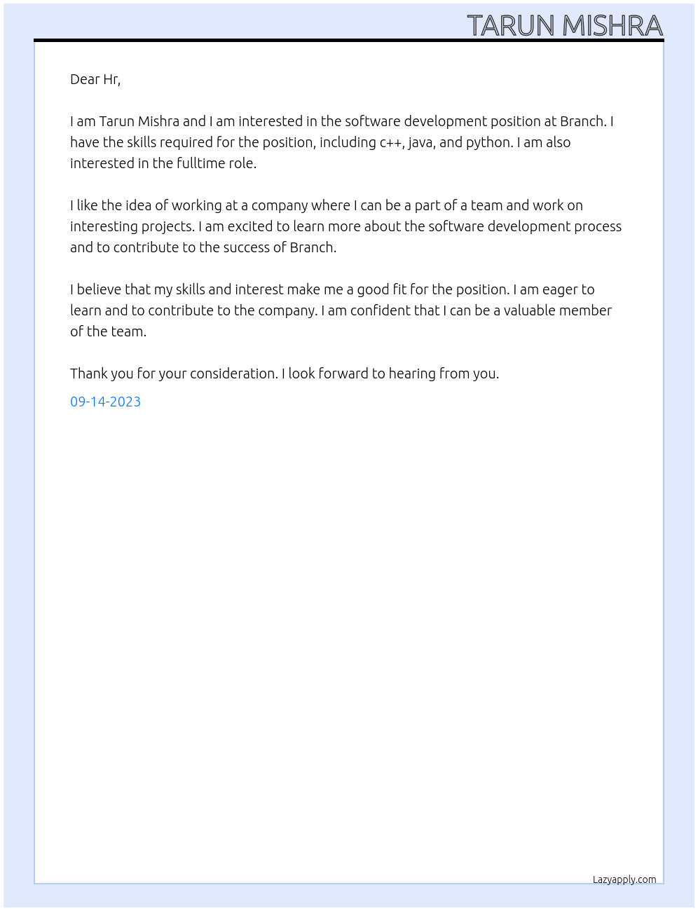software development At Branch Cover Letter