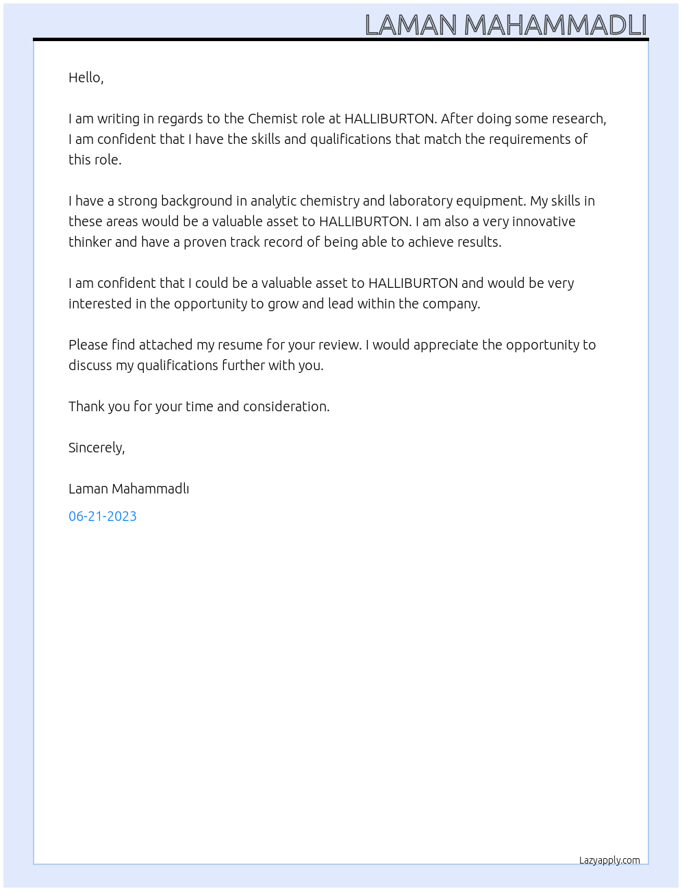 Chemistry At HALLIBURTON Cover Letter