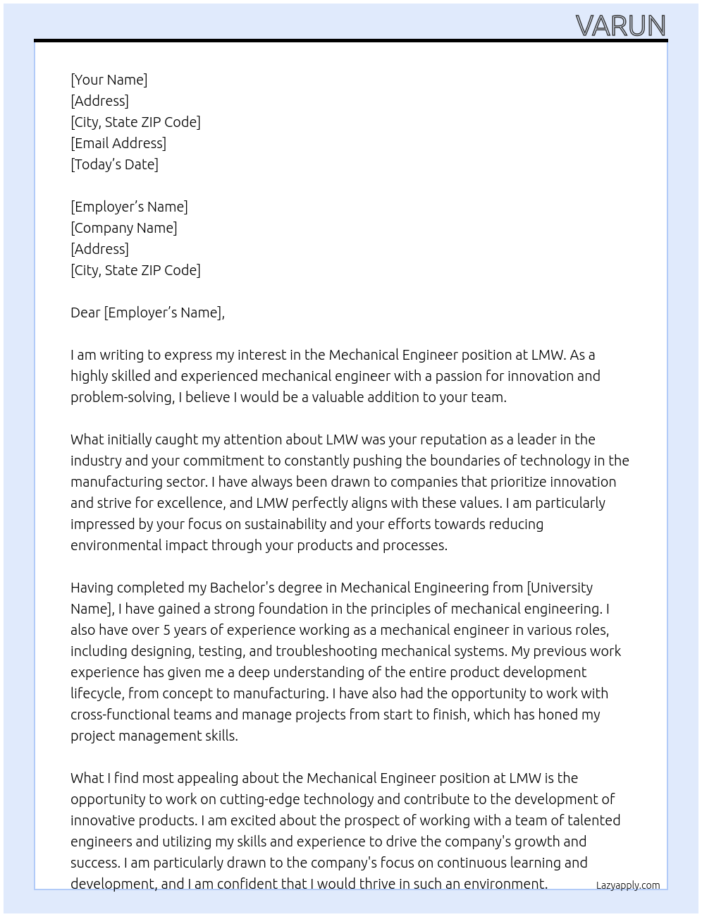 Mechanical engineer At LMW Cover Letter