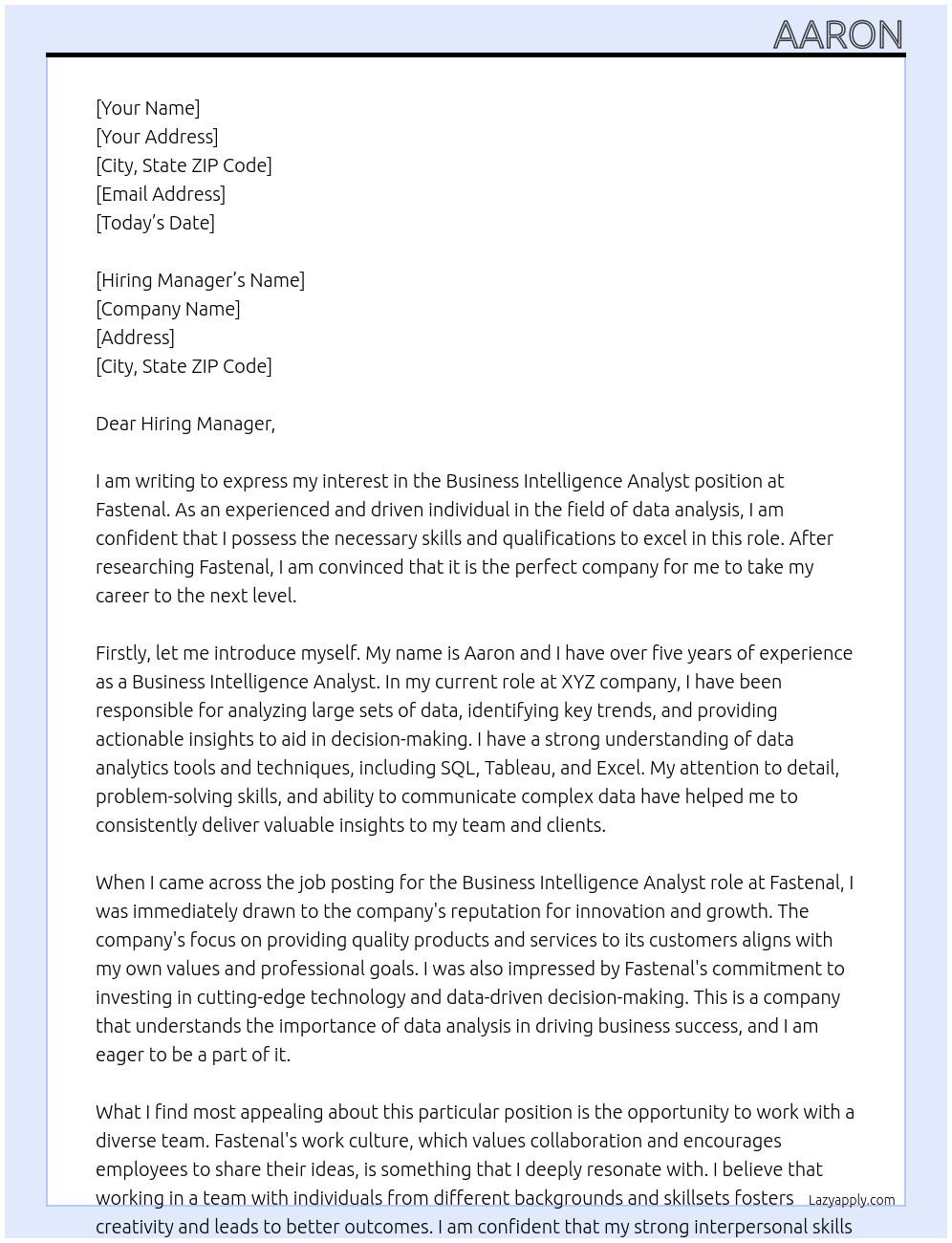 Business Intelligence Analyst At Fastenal Cover Letter