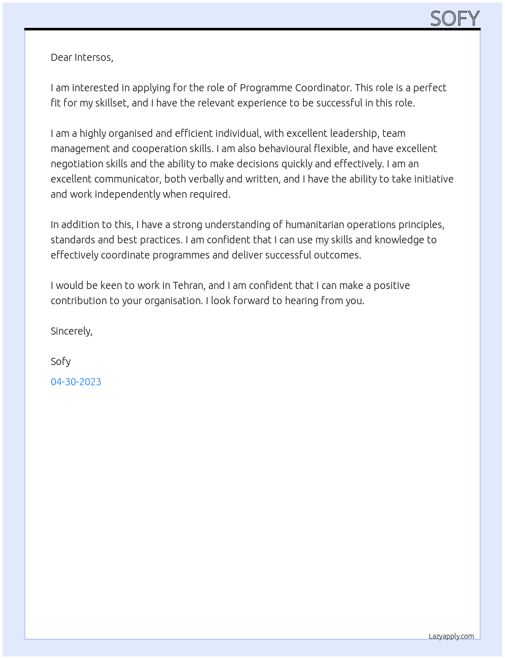 Programme Coordinator At intersos Cover Letter