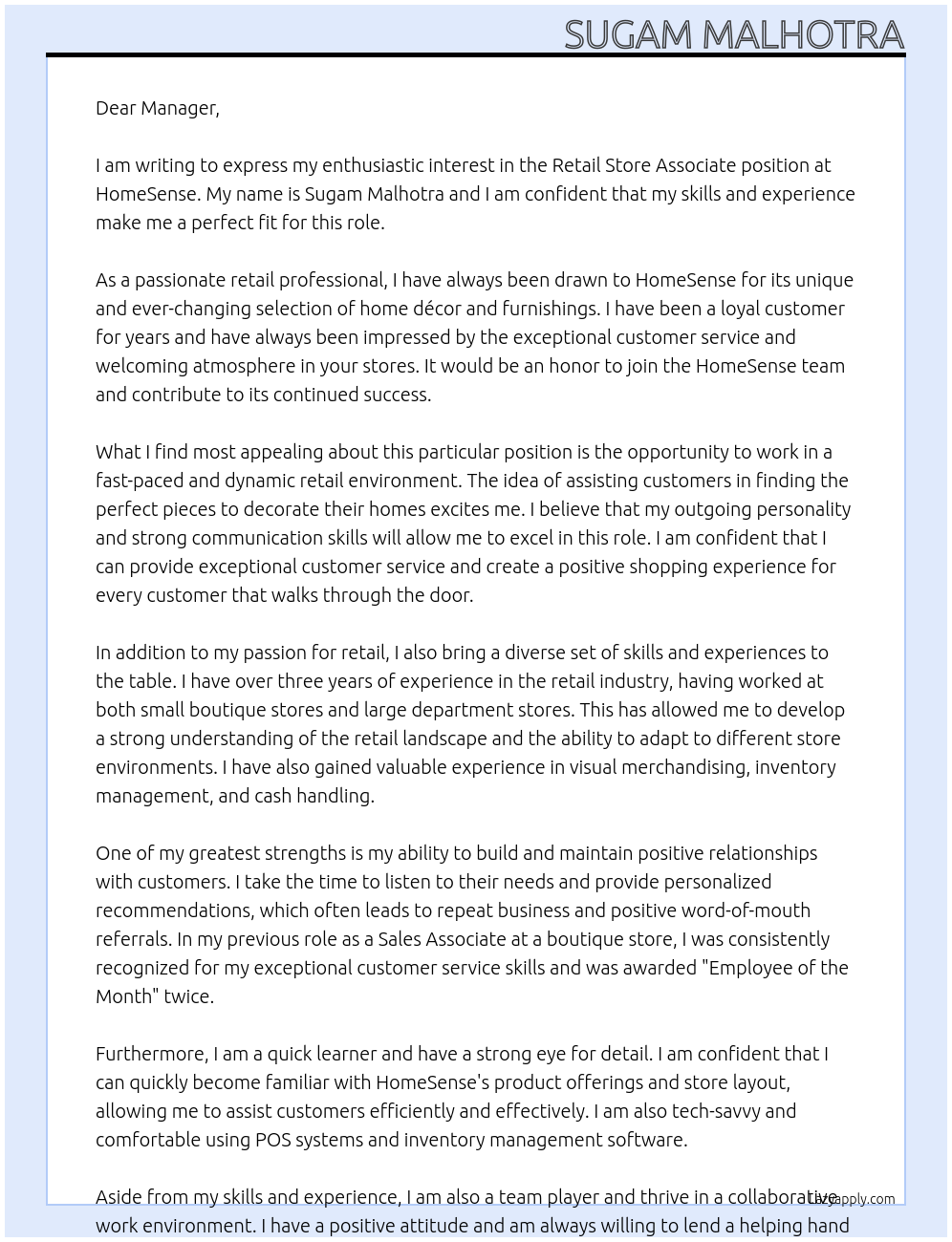 Retail store associate At HomeSense Cover Letter