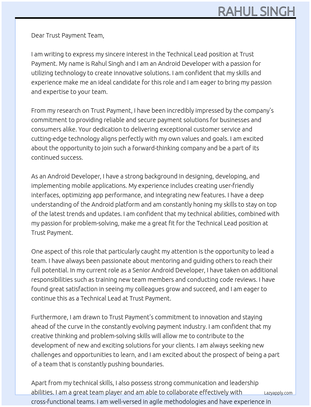 Technical Lead At Trust Payment Cover Letter