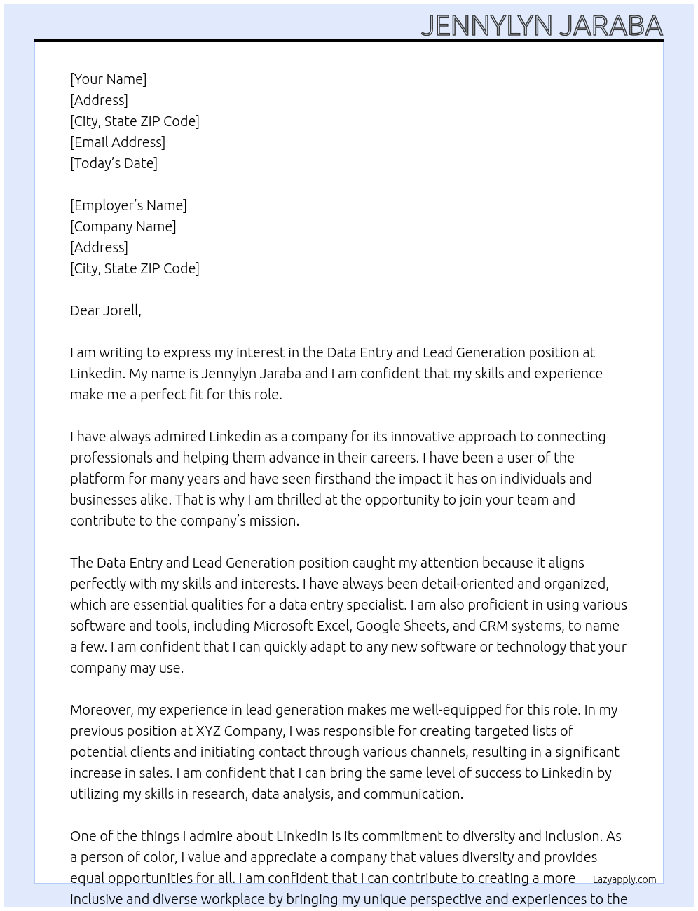 Data Entry, Lead Generation At Linkedin Cover Letter