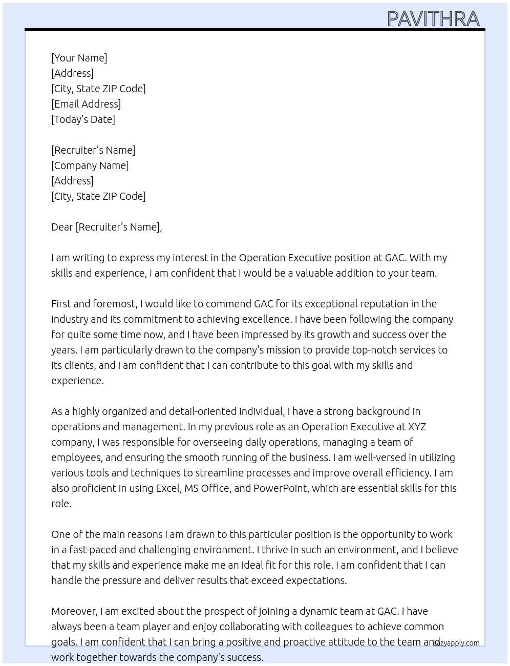 Operation Executive  At GAC Cover Letter