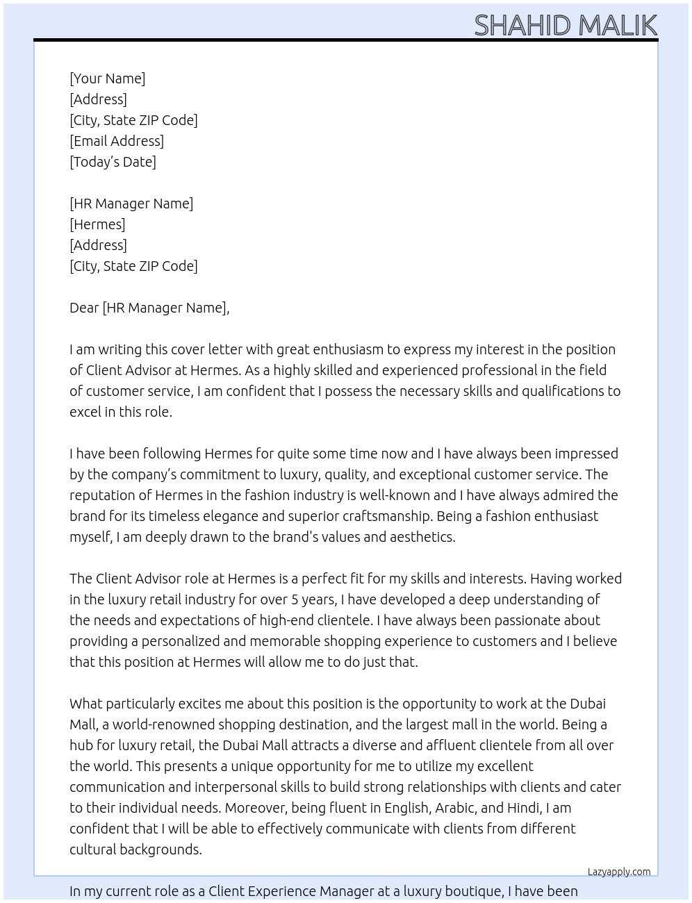 Client Advisor At Hermes Cover Letter