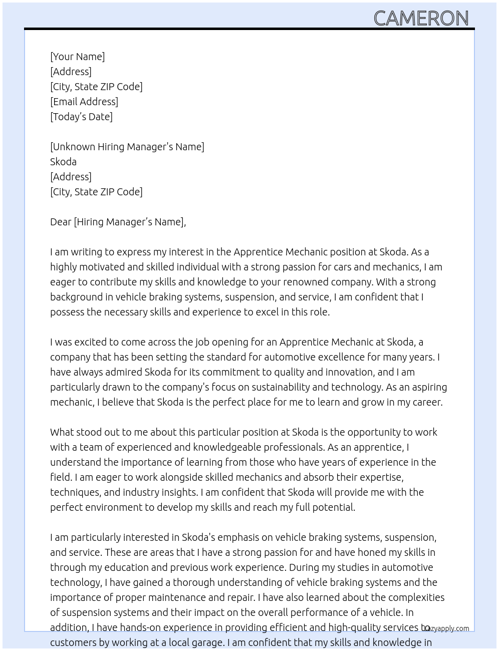 Apprentice mechanic  At Skoda Cover Letter