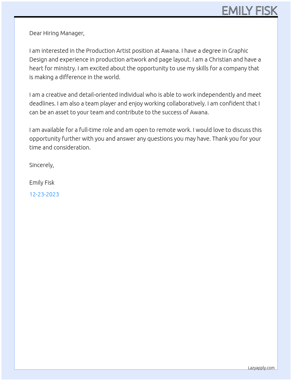 Production Artist At Awana Cover Letter