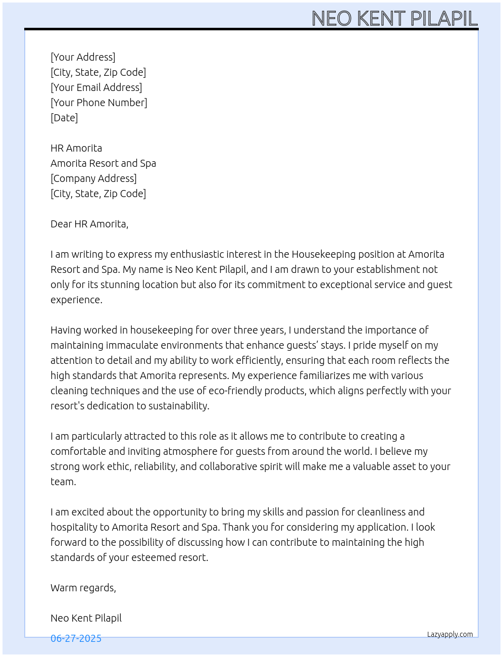 Cover letter for house keeping - LazyApply