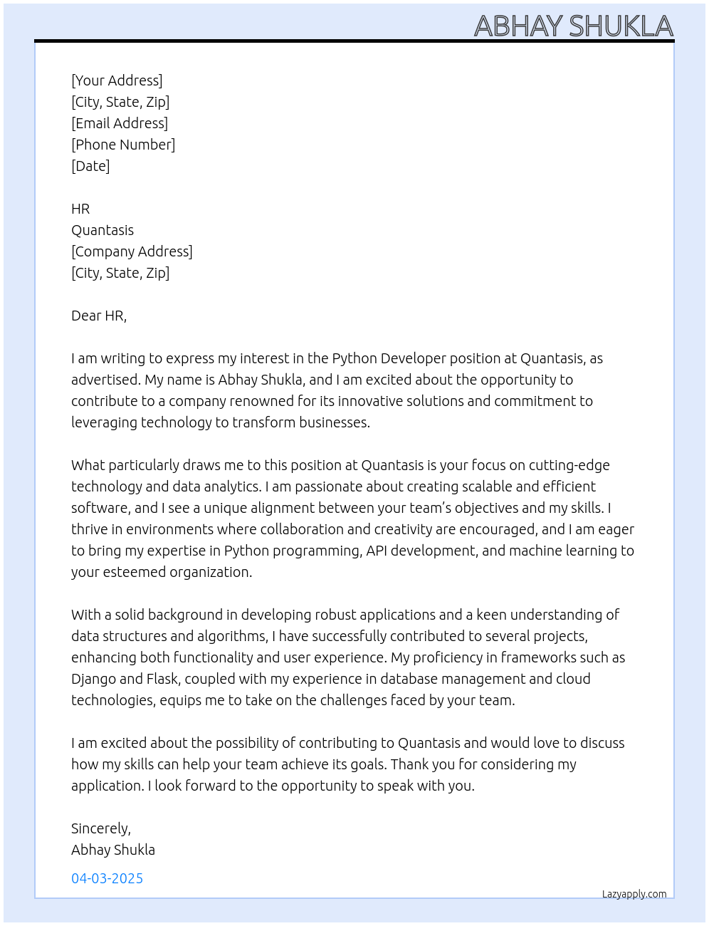 Python developer At Quantasis Cover Letter