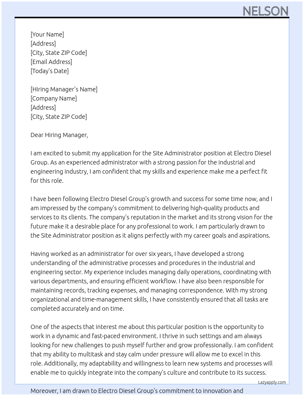 Site Administrator At Electro Diesel Group Cover Letter