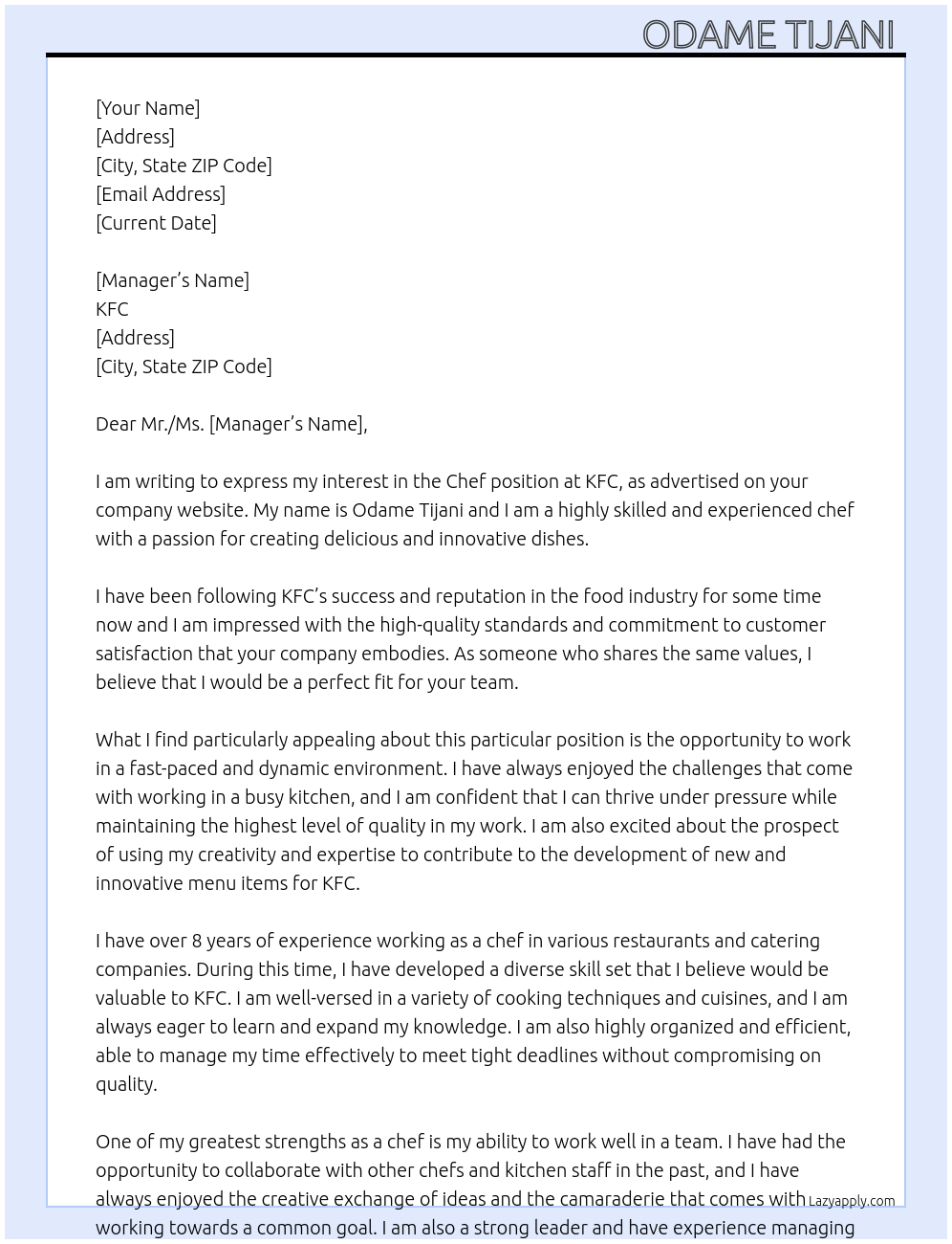 Chef At KFC Cover Letter