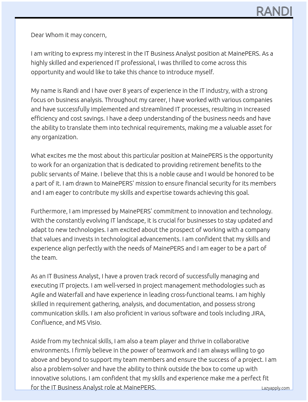 IT Business Analyst At MainePERS Cover Letter