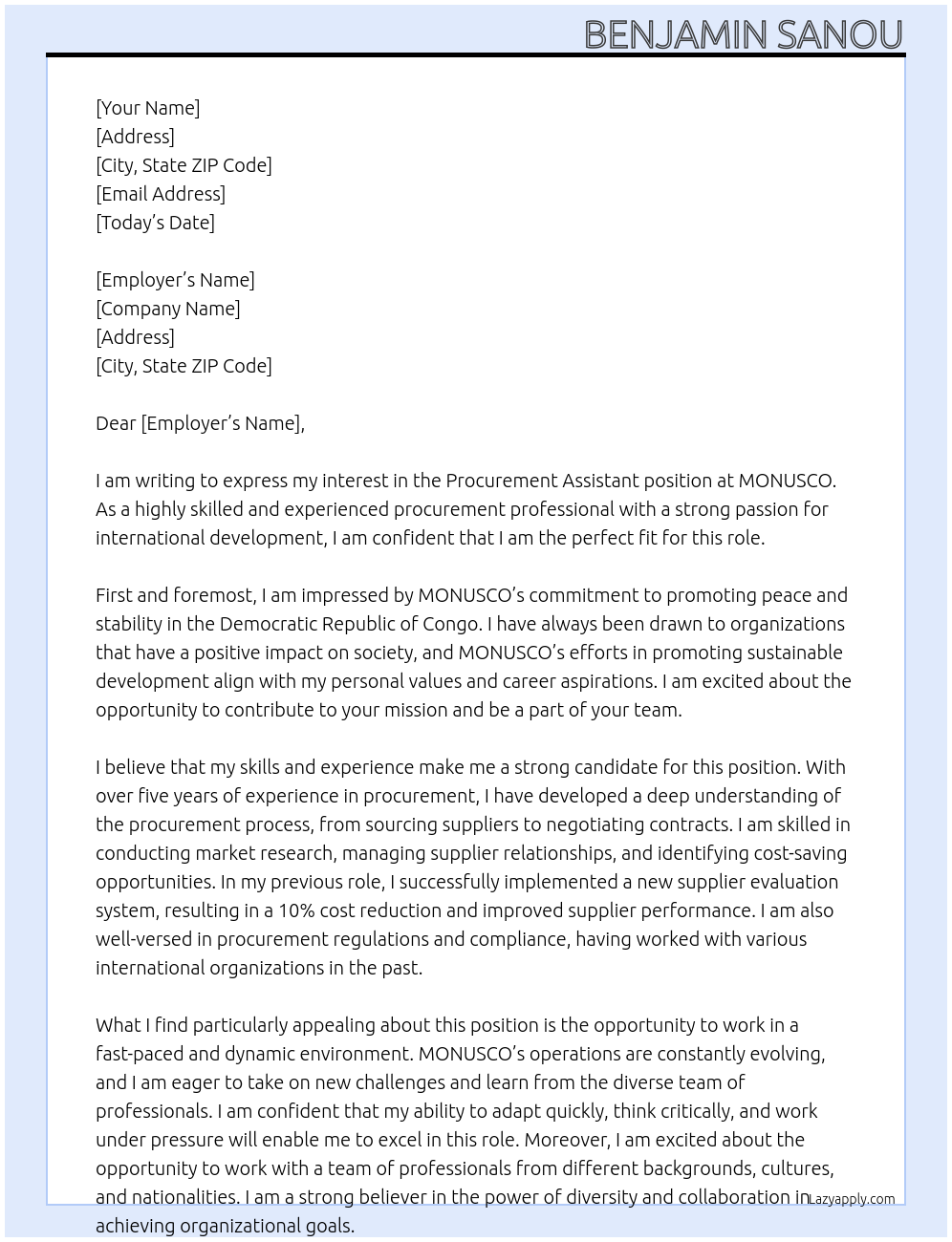 Procurement Assistant At MONUSCO Cover Letter