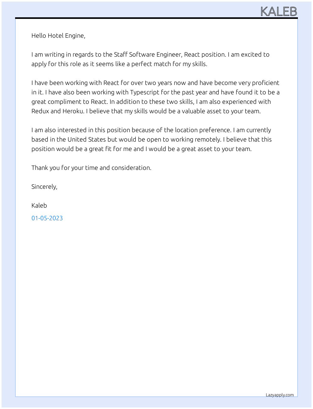 Staff Software Engineer, React At Hotel Engine Cover Letter