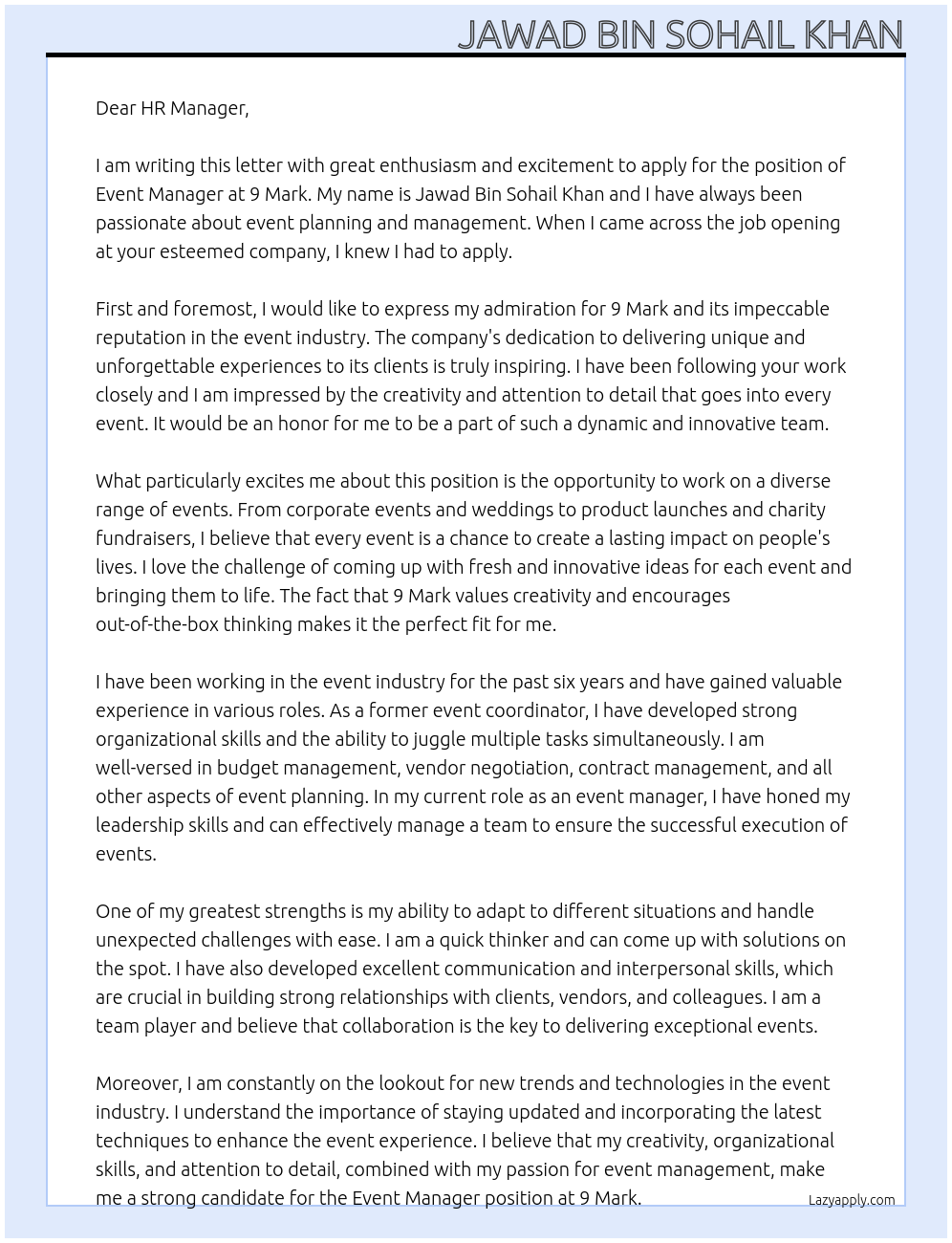 Event Manager At 9 Mark Cover Letter
