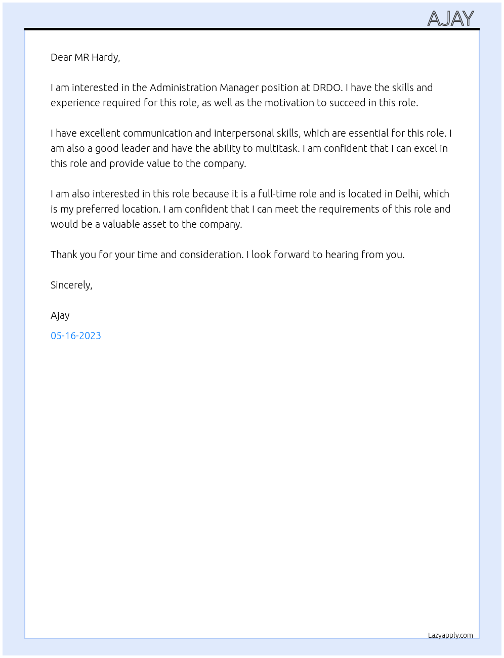 Administration Manager At DRDO Cover Letter