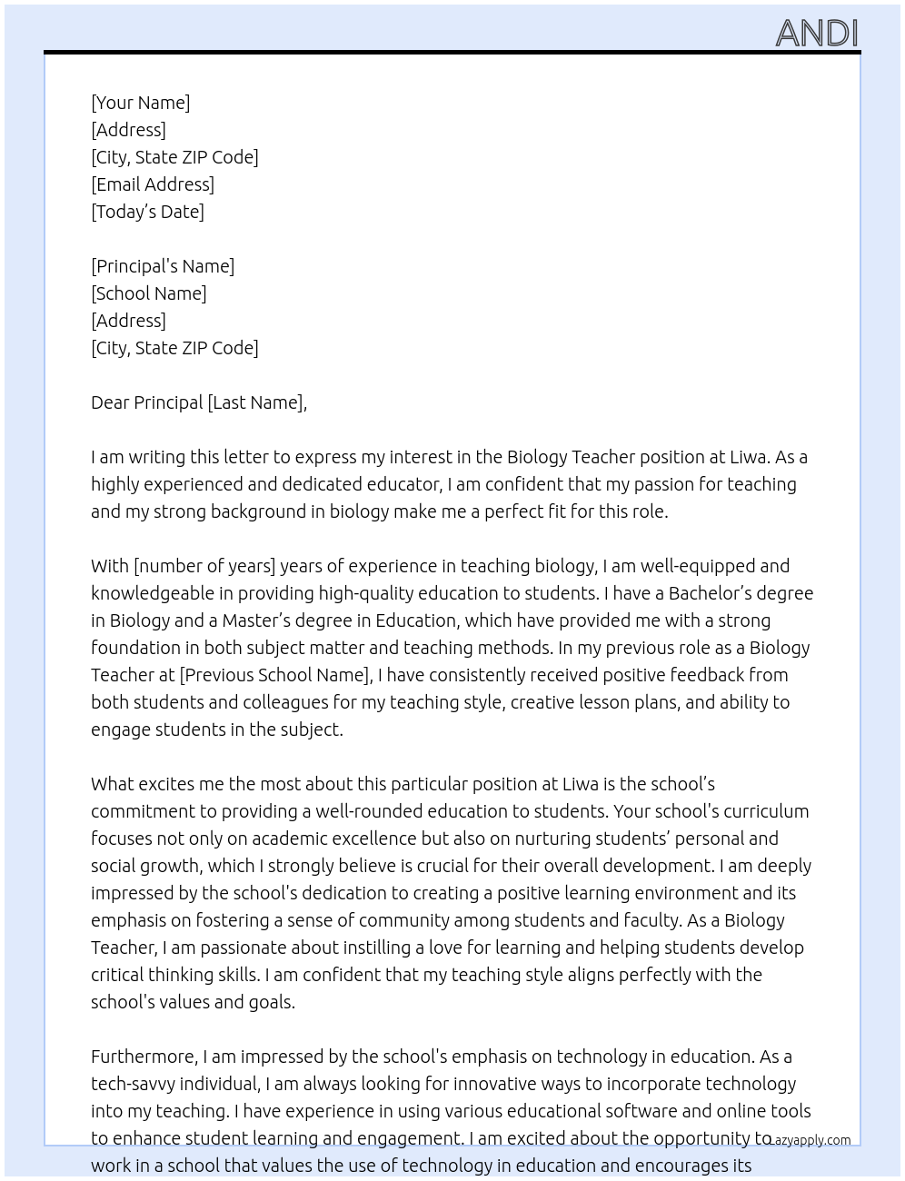 biology teacher At liwa Cover Letter