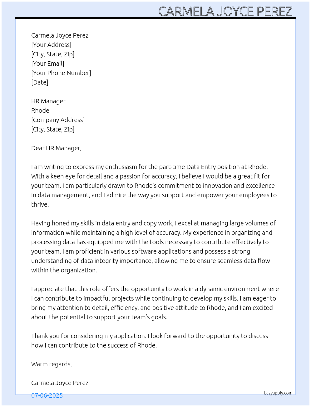 data entry At Rhode Cover Letter