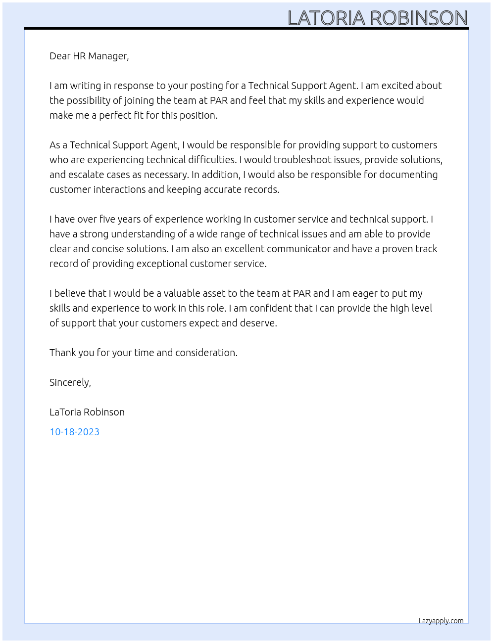 Technical Support Agent At PAR Cover Letter