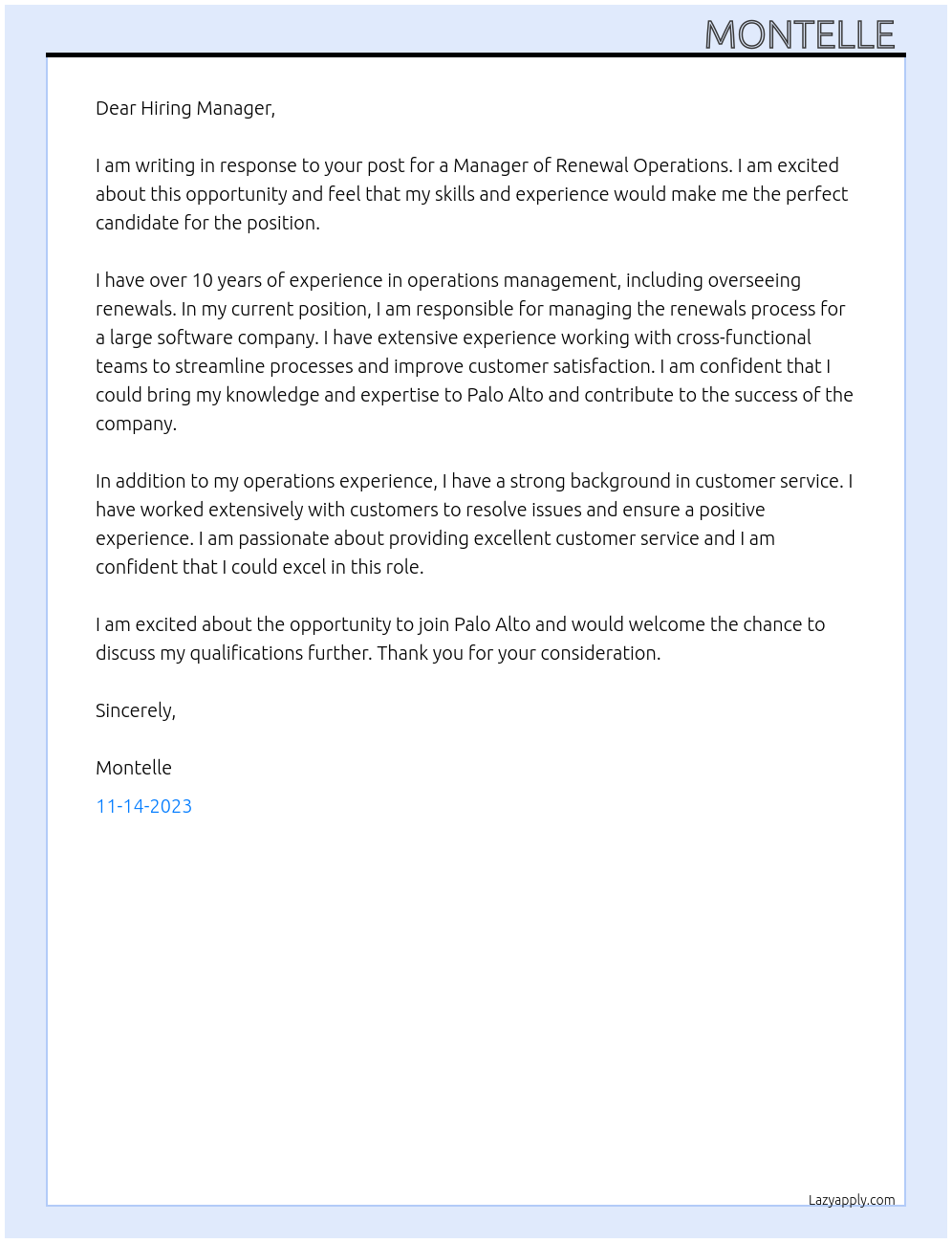 Manager of renewal operations At Palo Alto Cover Letter