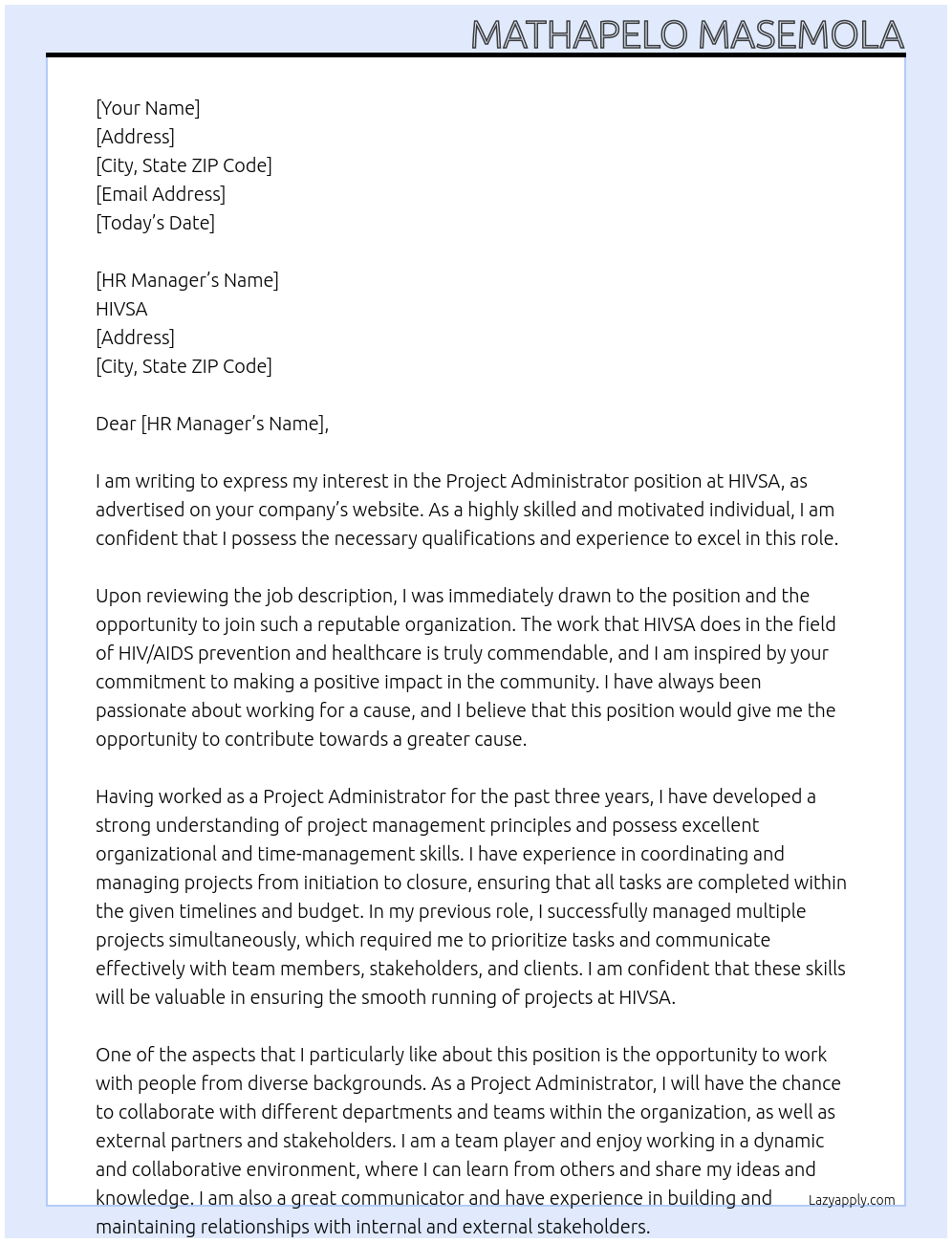 Project Administrator At HIVSA Cover Letter